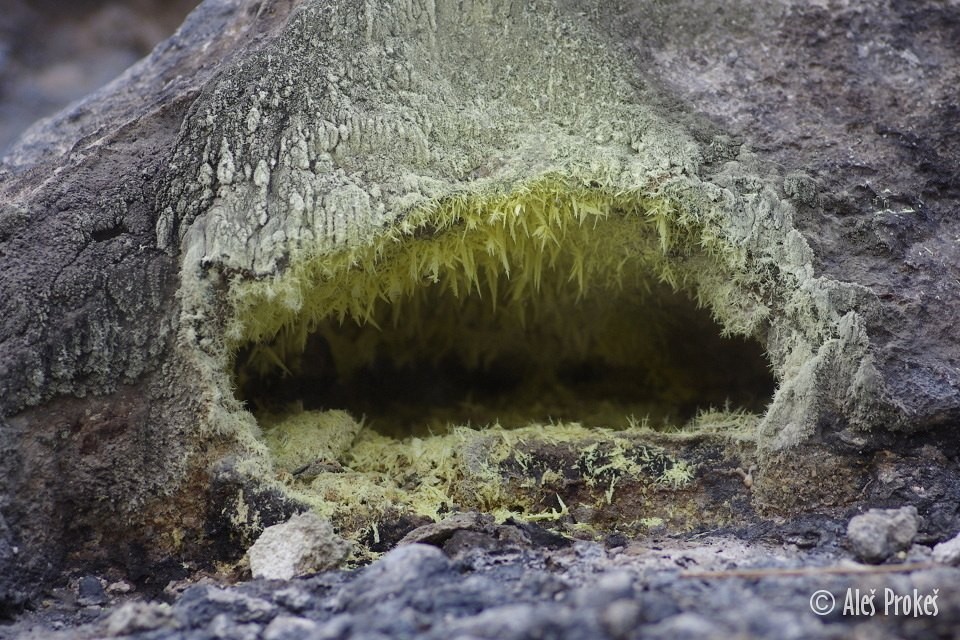 Sopečný průduch v lokalitě Kawah Putih, Západní Jáva, Indonésie